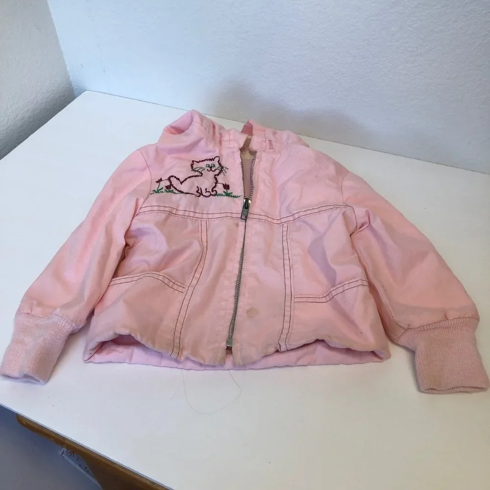 Vintage 80s pink Quiltex coat with hoodie & cat detail